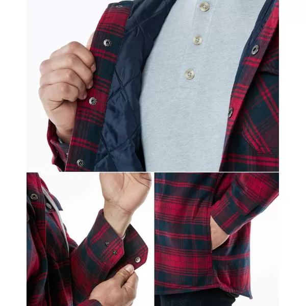 CQR Mens Quilted Lined Flannel Hooded Shirt Jacket Soft Warm Long Sleeve Outdoor Cotton Plaid Shirt JacketsQuilted Lined Red  Navy