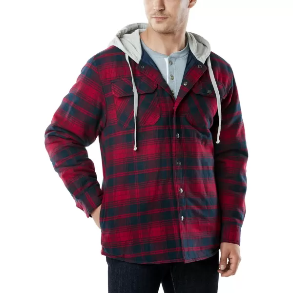 CQR Mens Quilted Lined Flannel Hooded Shirt Jacket Soft Warm Long Sleeve Outdoor Cotton Plaid Shirt JacketsQuilted Lined Red  Navy