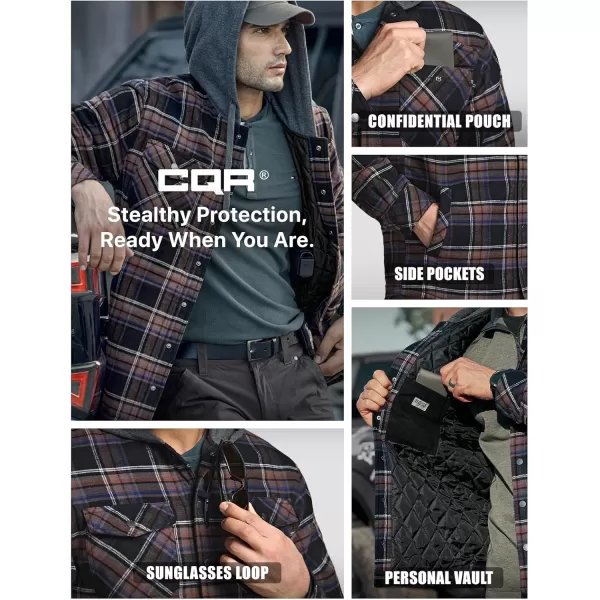 CQR Mens Quilted Lined Flannel Hooded Shirt Jacket Soft Warm Long Sleeve Outdoor Cotton Plaid Shirt JacketsStealth Coal Miner