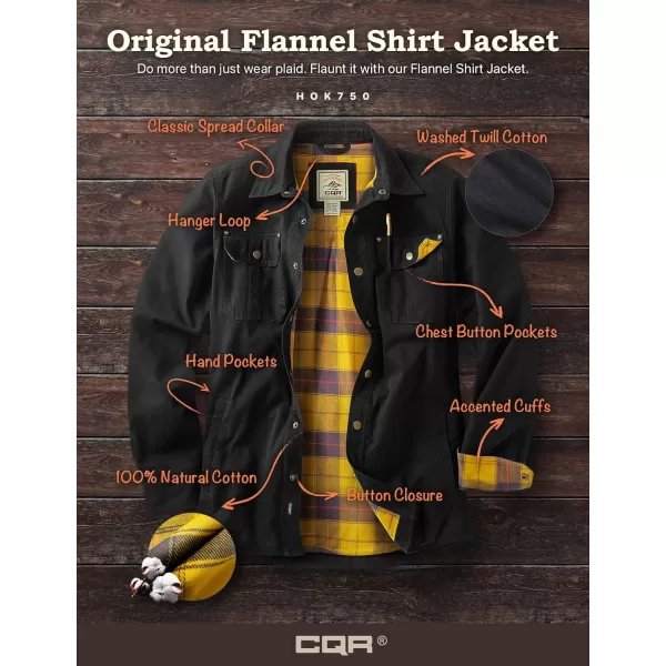 CQR Mens Twill All Cotton Flannel Lined Shirt Jacket Soft Brushed Outdoor Shirt JacketTwill Shirt Jacket Black Yellow