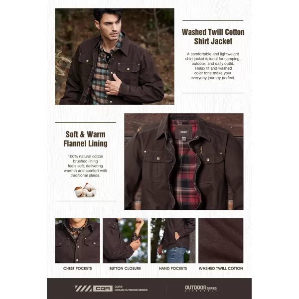 CQR Mens Twill All Cotton Flannel Lined Shirt Jacket Soft Brushed Outdoor Shirt JacketTwill Shirt Jacket Dark Brown