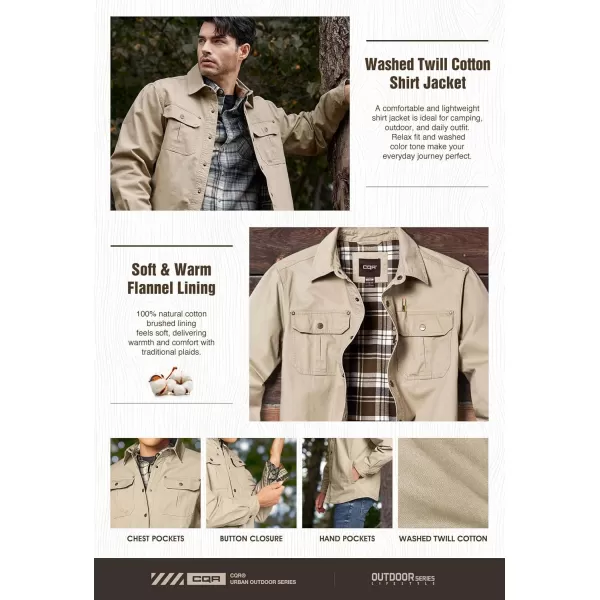 CQR Mens Twill All Cotton Flannel Lined Shirt Jacket Soft Brushed Outdoor Shirt JacketTwill Shirt Jacket Khaki