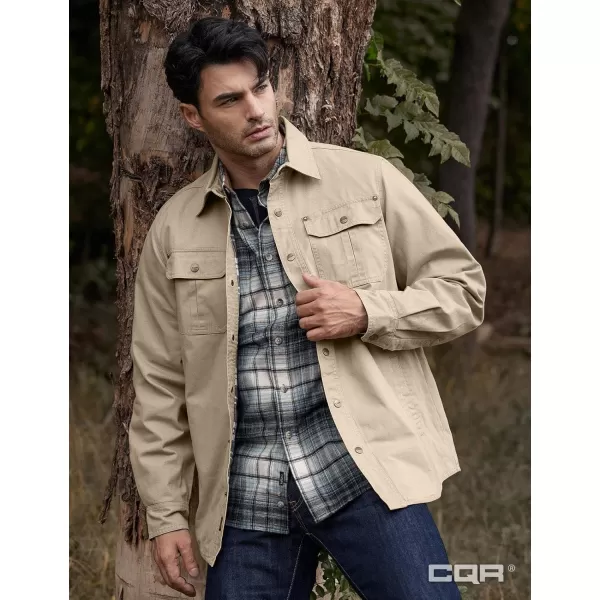 CQR Mens Twill All Cotton Flannel Lined Shirt Jacket Soft Brushed Outdoor Shirt JacketTwill Shirt Jacket Khaki