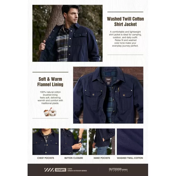 CQR Mens Twill All Cotton Flannel Lined Shirt Jacket Soft Brushed Outdoor Shirt JacketTwill Shirt Jacket Navy