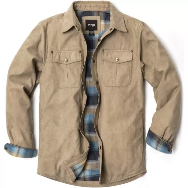 CQR Mens Flannel Lined Shirt Jackets Long Sleeved Rugged Plaid Cotton Brushed Suede Shirt JacketFlannel Lined Cowboy Tan