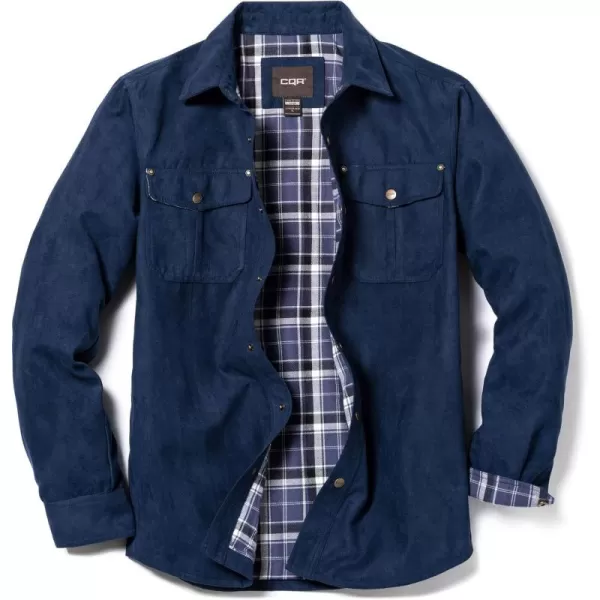 CQR Mens Flannel Lined Shirt Jackets Long Sleeved Rugged Plaid Cotton Brushed Suede Shirt JacketFlannel Lined Navy