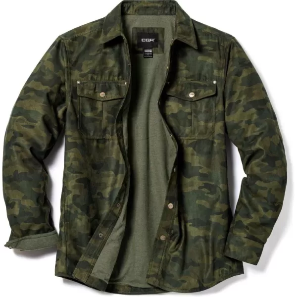 CQR Mens Flannel Lined Shirt Jackets Long Sleeved Rugged Plaid Cotton Brushed Suede Shirt JacketFlannel Print Lined Camo Olive