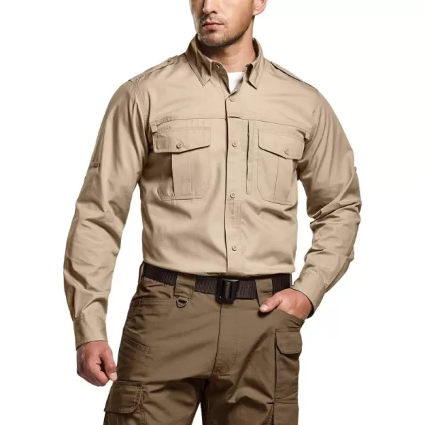 CQR Mens Long Sleeve Work Shirts Ripstop Military Tactical Shirts Outdoor UPF 50 Breathable Button Down Hiking ShirtCommander Hidden Zipper Khaki