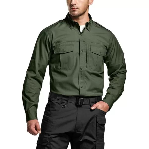 CQR Mens Long Sleeve Work Shirts Ripstop Military Tactical Shirts Outdoor UPF 50 Breathable Button Down Hiking ShirtCommander Hidden Zipper Olive