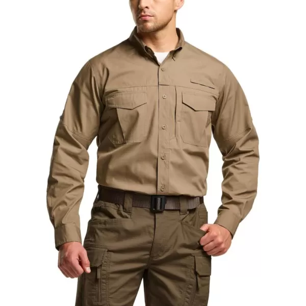 CQR Mens Long Sleeve Work Shirts Ripstop Military Tactical Shirts Outdoor UPF 50 Breathable Button Down Hiking ShirtOfficer Work Shirts Coyote Brown