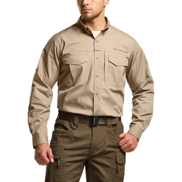 CQR Mens Long Sleeve Work Shirts Ripstop Military Tactical Shirts Outdoor UPF 50 Breathable Button Down Hiking ShirtOfficer Work Shirts Dark Khaki