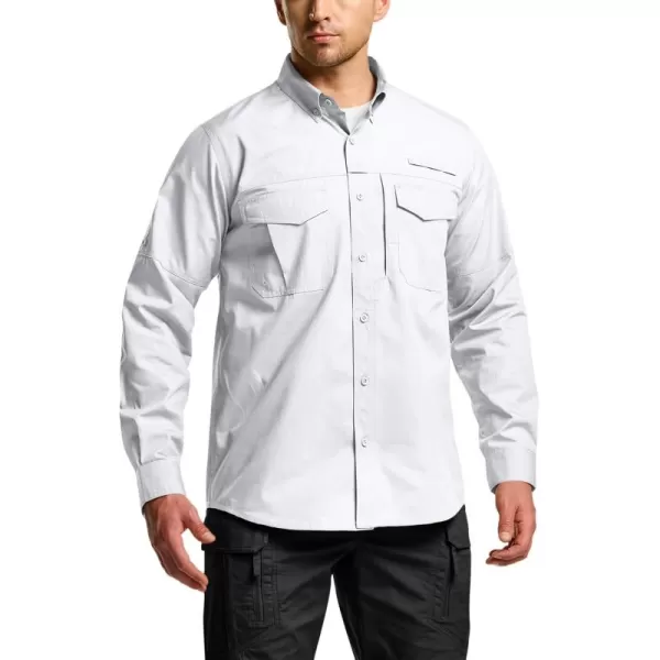 CQR Mens Long Sleeve Work Shirts Ripstop Military Tactical Shirts Outdoor UPF 50 Breathable Button Down Hiking ShirtOfficer Work Shirts Off White