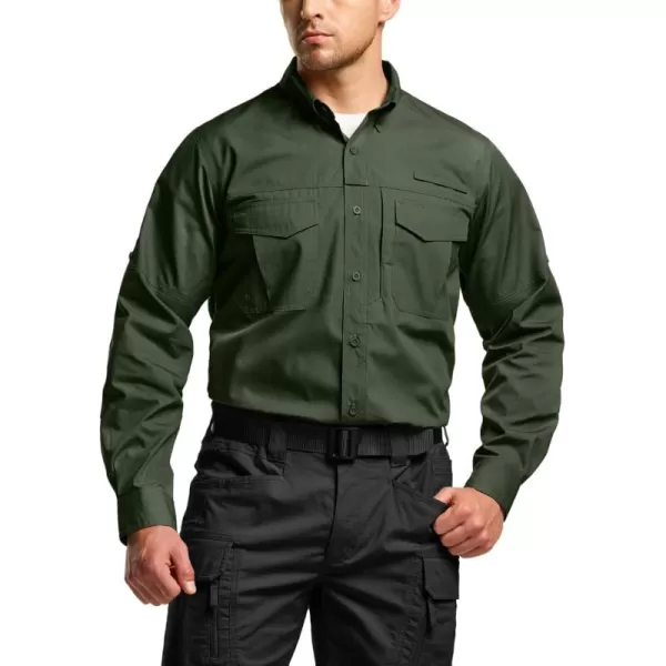 CQR Mens Long Sleeve Work Shirts Ripstop Military Tactical Shirts Outdoor UPF 50 Breathable Button Down Hiking ShirtOfficer Work Shirts Olive Drab