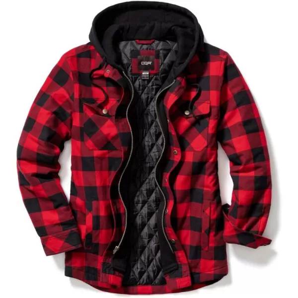 CQR Mens Quilted Lined Flannel Hooded Shirt Jacket Soft Warm Long Sleeve Outdoor Cotton Plaid Shirt JacketsQuilted Lined Full Zip Classic Red