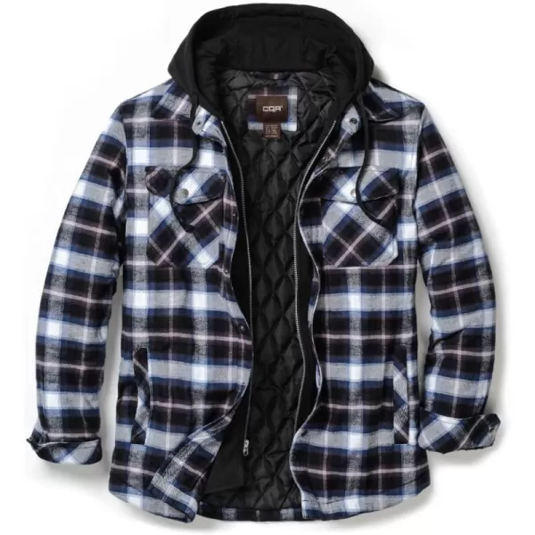 CQR Mens Quilted Lined Flannel Hooded Shirt Jacket Soft Warm Long Sleeve Outdoor Cotton Plaid Shirt JacketsQuilted Lined Full Zip Ebony Black