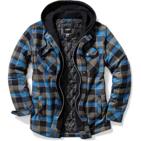 CQR Mens Quilted Lined Flannel Hooded Shirt Jacket Soft Warm Long Sleeve Outdoor Cotton Plaid Shirt JacketsQuilted Lined Full Zip River Plaid