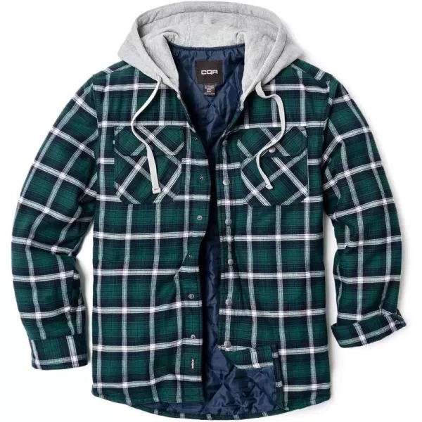 CQR Mens Quilted Lined Flannel Hooded Shirt Jacket Soft Warm Long Sleeve Outdoor Cotton Plaid Shirt JacketsQuilted Lined Green Ombre