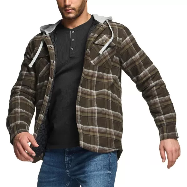 CQR Mens Quilted Lined Flannel Hooded Shirt Jacket Soft Warm Long Sleeve Outdoor Cotton Plaid Shirt JacketsQuilted Lined Hickory Green