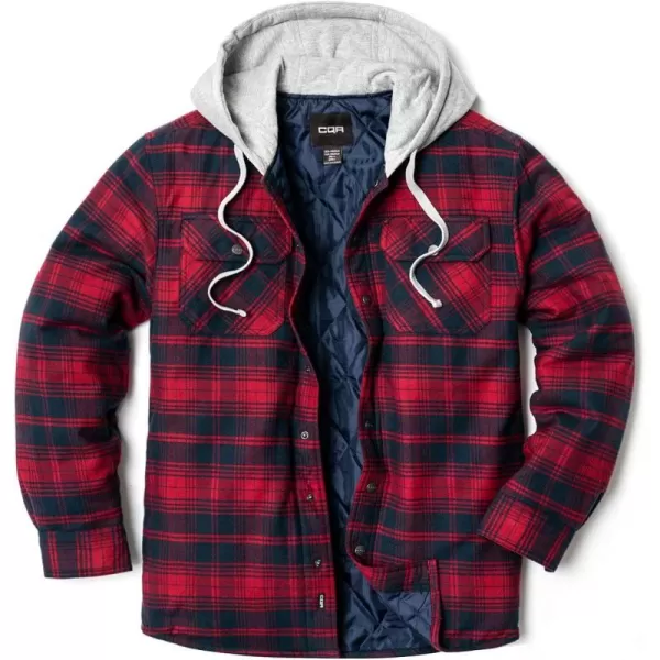 CQR Mens Quilted Lined Flannel Hooded Shirt Jacket Soft Warm Long Sleeve Outdoor Cotton Plaid Shirt JacketsQuilted Lined Red  Navy