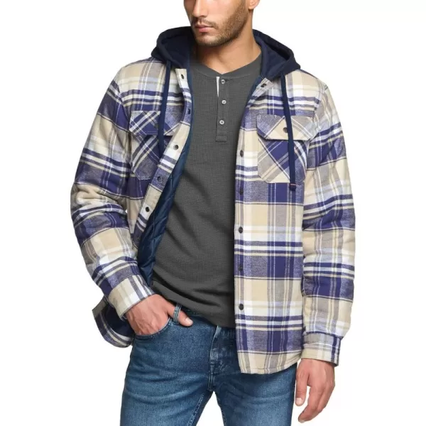 CQR Mens Quilted Lined Flannel Hooded Shirt Jacket Soft Warm Long Sleeve Outdoor Cotton Plaid Shirt JacketsQuilted Lined Sedimentary Blue