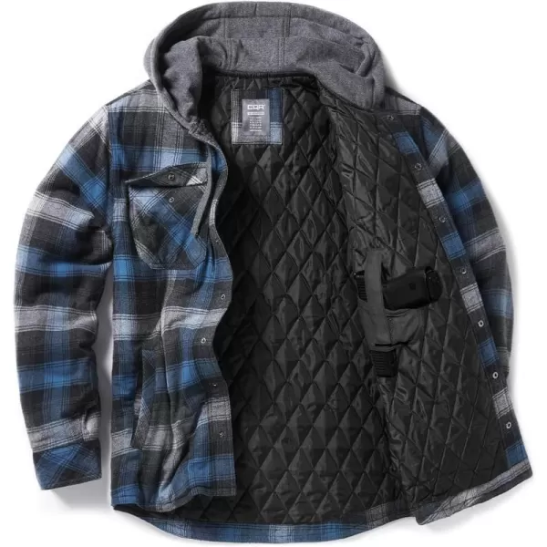 CQR Mens Quilted Lined Flannel Hooded Shirt Jacket Soft Warm Long Sleeve Outdoor Cotton Plaid Shirt JacketsStealth Night Sky