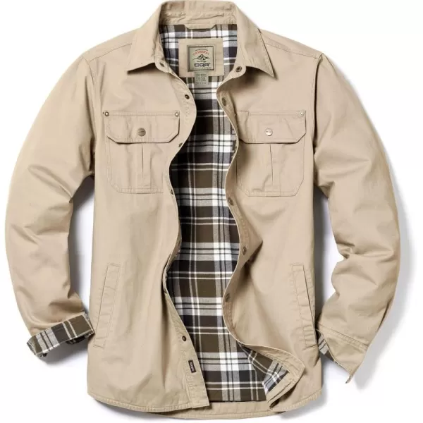 CQR Mens Twill All Cotton Flannel Lined Shirt Jacket Soft Brushed Outdoor Shirt JacketTwill Shirt Jacket Khaki