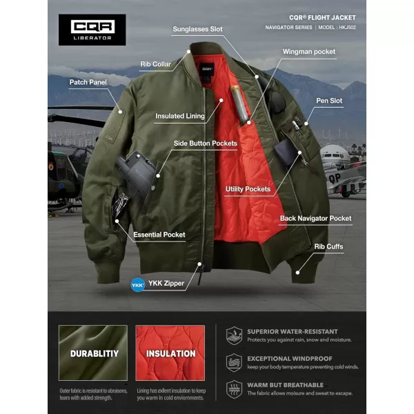 CQR Mens Casual Bomber Jacket Outdoor FallWinter ZipUp Windbreaker Water Resistant Padded MA1 Flight Jacket with PocketNavigator Army Green