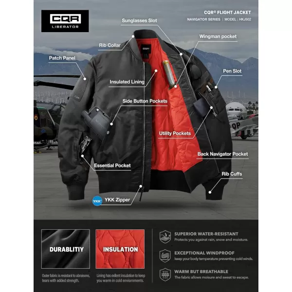 CQR Mens Casual Bomber Jacket Outdoor FallWinter ZipUp Windbreaker Water Resistant Padded MA1 Flight Jacket with PocketNavigator Black