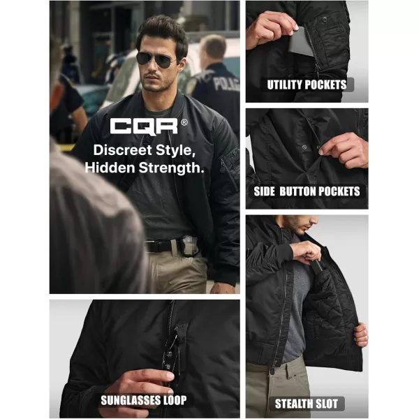 CQR Mens Casual Bomber Jacket Outdoor FallWinter ZipUp Windbreaker Water Resistant Padded MA1 Flight Jacket with PocketWatcher Black