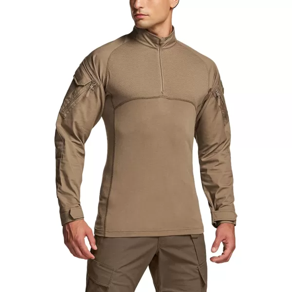 CQR Mens Combat Shirt Tactical 14 Zip Long Sleeve Military BDU Shirts Camo EDC Top with PocketsMilitary Shirts Coyote