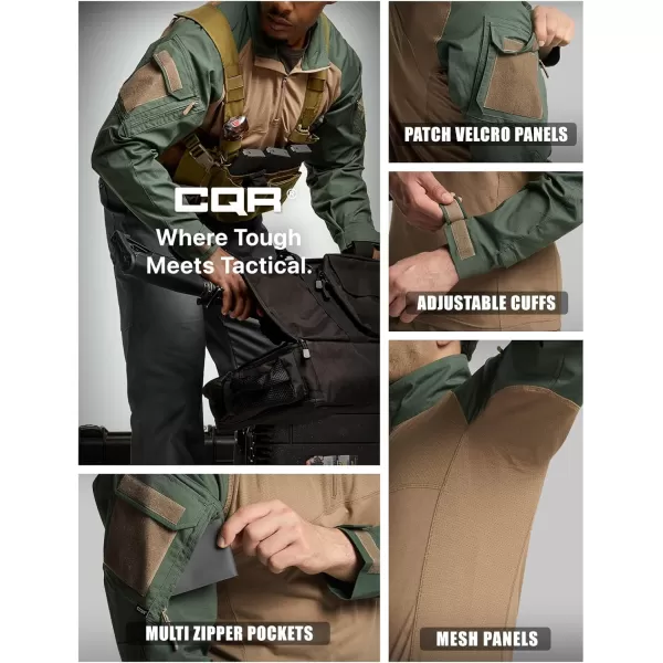 CQR Mens Combat Shirt Tactical 14 Zip Long Sleeve Military BDU Shirts Camo EDC Top with PocketsMilitary Shirts Olive Green