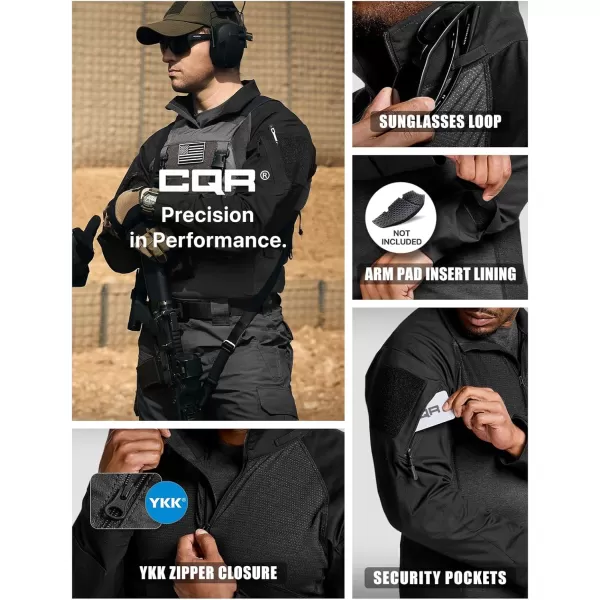 CQR Mens Combat Shirt Tactical 14 Zip Long Sleeve Military BDU Shirts Camo EDC Top with PocketsRaider Black