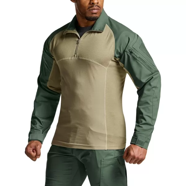 CQR Mens Combat Shirt Tactical 14 Zip Long Sleeve Military BDU Shirts Camo EDC Top with PocketsRaider Green Kelp