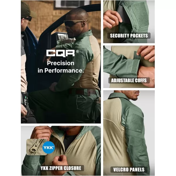 CQR Mens Combat Shirt Tactical 14 Zip Long Sleeve Military BDU Shirts Camo EDC Top with PocketsRaider Green Kelp