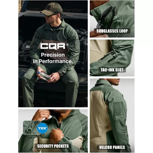 CQR Mens Combat Shirt Tactical 14 Zip Long Sleeve Military BDU Shirts Camo EDC Top with PocketsRaider Pro Green Kelp