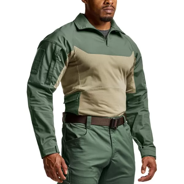 CQR Mens Combat Shirt Tactical 14 Zip Long Sleeve Military BDU Shirts Camo EDC Top with PocketsRaider Pro Green Kelp