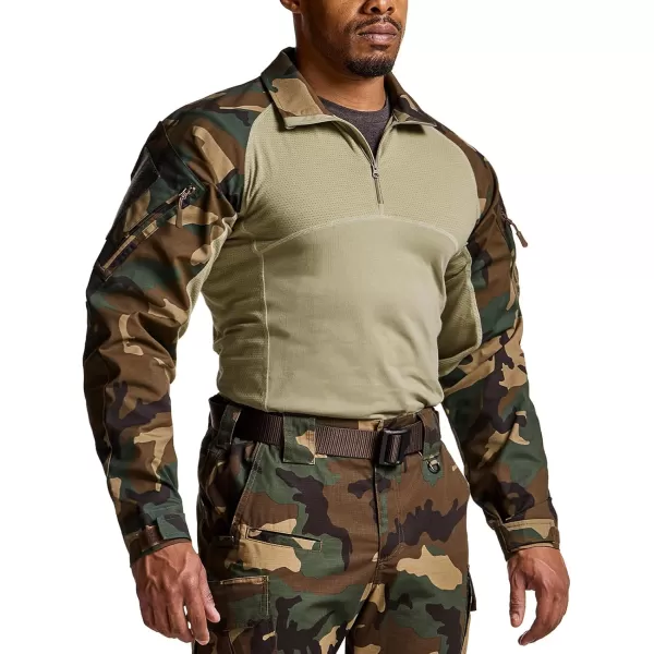 CQR Mens Combat Shirt Tactical 14 Zip Long Sleeve Military BDU Shirts Camo EDC Top with PocketsRaider Woodland