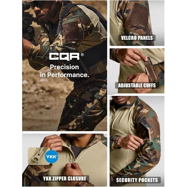 CQR Mens Combat Shirt Tactical 14 Zip Long Sleeve Military BDU Shirts Camo EDC Top with PocketsRaider Woodland