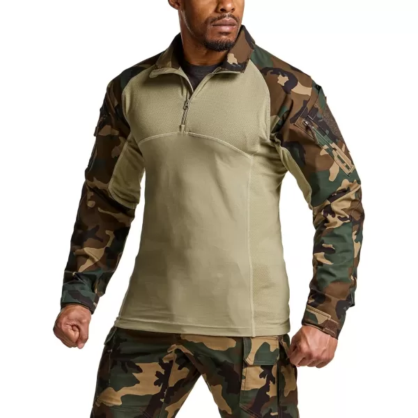 CQR Mens Combat Shirt Tactical 14 Zip Long Sleeve Military BDU Shirts Camo EDC Top with PocketsRaider Woodland