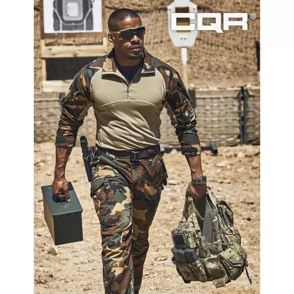 CQR Mens Combat Shirt Tactical 14 Zip Long Sleeve Military BDU Shirts Camo EDC Top with PocketsRaider Woodland