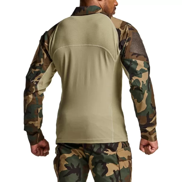 CQR Mens Combat Shirt Tactical 14 Zip Long Sleeve Military BDU Shirts Camo EDC Top with PocketsRaider Woodland