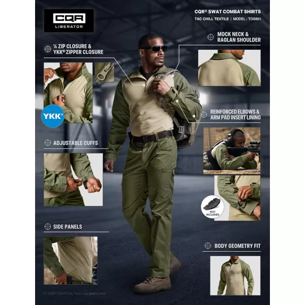 CQR Mens Combat Shirt Tactical 14 Zip Long Sleeve Military BDU Shirts Camo EDC Top with PocketsTac Chill Soil Green