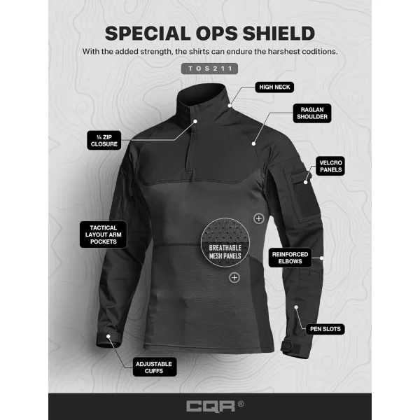 CQR Mens Combat Shirt Tactical 14 Zip Long Sleeve Military BDU Shirts Camo EDC Top with PocketsWoven Chest Black