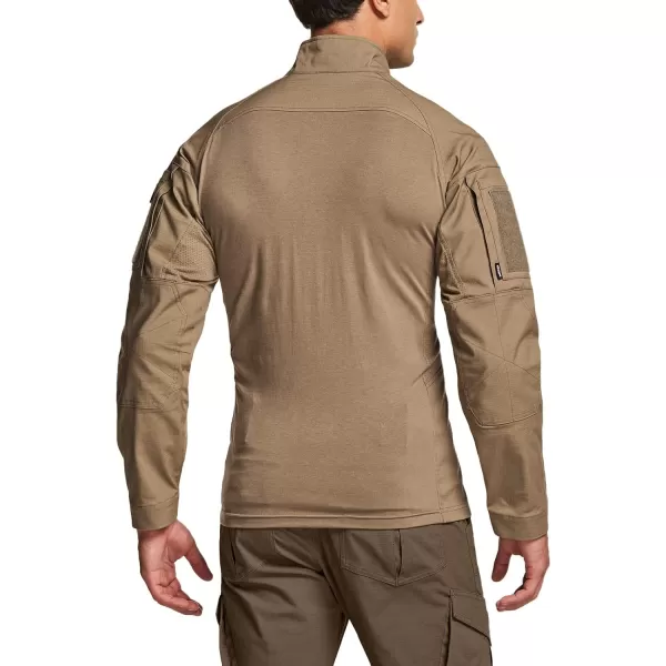 CQR Mens Combat Shirt Tactical 14 Zip Long Sleeve Military BDU Shirts Camo EDC Top with PocketsWoven Chest Coyote