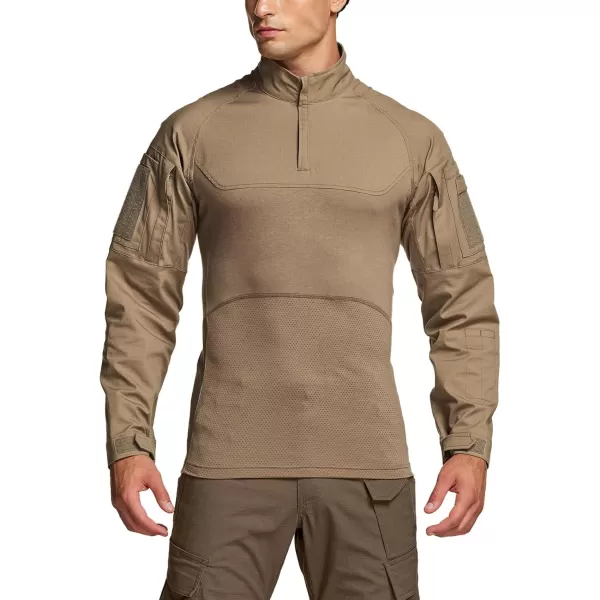 CQR Mens Combat Shirt Tactical 14 Zip Long Sleeve Military BDU Shirts Camo EDC Top with PocketsWoven Chest Coyote