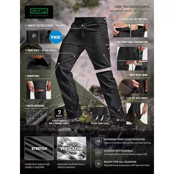 CQR Mens Convertible Cargo Tactical Pants Water Resistant Outdoor Hiking Pants Zip Off Lightweight Stretch Work PantsConvertible Cargo W Belt Black