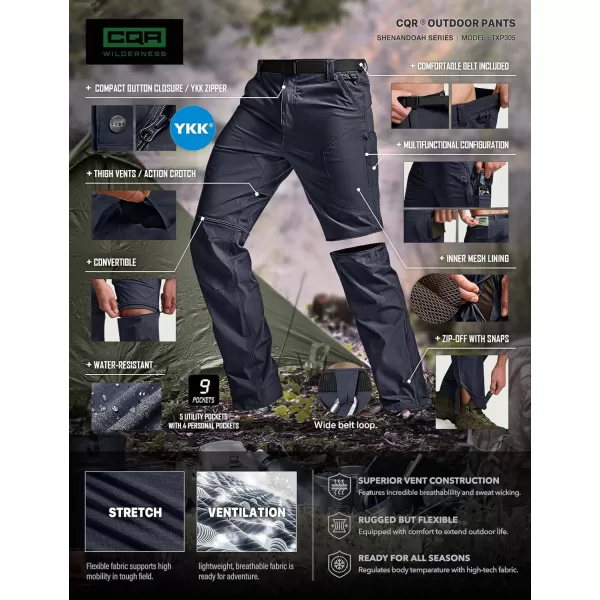 CQR Mens Convertible Cargo Tactical Pants Water Resistant Outdoor Hiking Pants Zip Off Lightweight Stretch Work PantsConvertible Cargo W Belt Navy