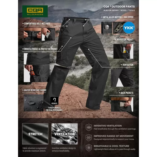 CQR Mens Convertible Cargo Tactical Pants Water Resistant Outdoor Hiking Pants Zip Off Lightweight Stretch Work PantsRunyon Cargo With Belt Black