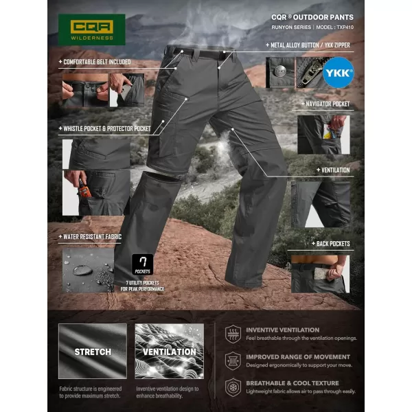 CQR Mens Convertible Cargo Tactical Pants Water Resistant Outdoor Hiking Pants Zip Off Lightweight Stretch Work PantsRunyon Cargo With Belt Charcoal