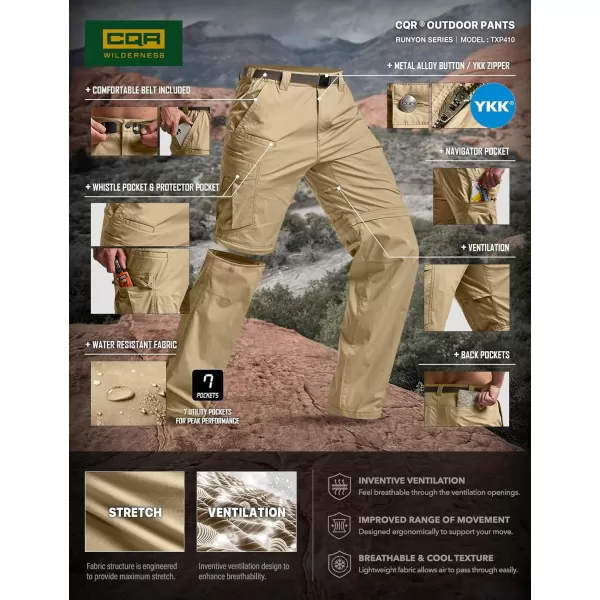 CQR Mens Convertible Cargo Tactical Pants Water Resistant Outdoor Hiking Pants Zip Off Lightweight Stretch Work PantsRunyon Cargo With Belt Dune Khaki